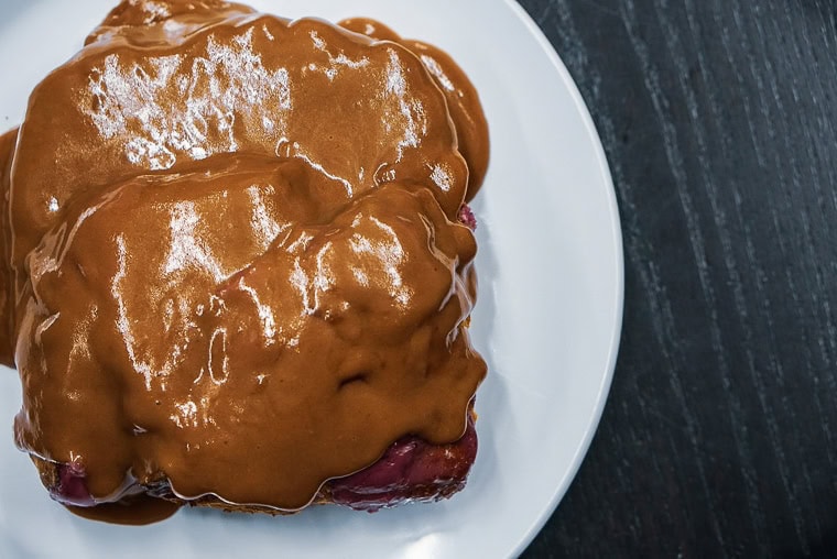 Honest Biscuits, Chocolate Gravy, Theo Chocolate, Chocolate sauce, biscuit, Pike Place Market, Seattle, WA, White Plate, Desk