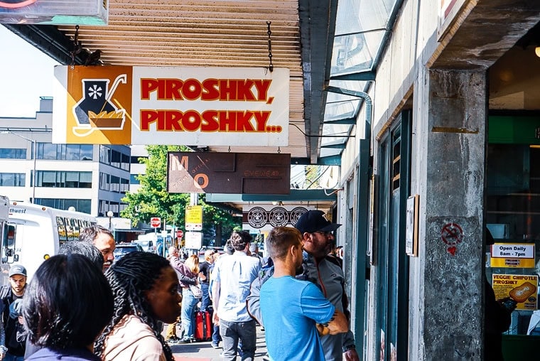 Piroshky Piroshky, Pike Place Market, Russian bakery, small business, Seattle, WA, Street Sign, people, shopping, standing in line, tourism