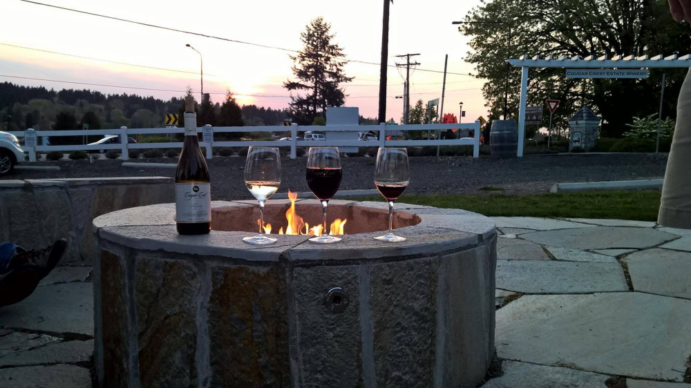 Cougar Crest, Washington Wines, Woodinville tasting room, wine bottle, fire pit, sunset, Wine glass