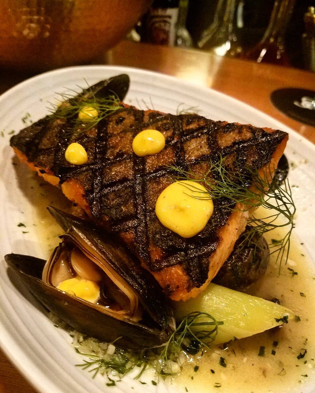 Seared Trout with Mussel, tarragon sauce and dill