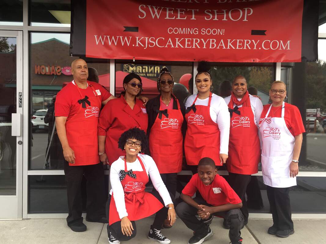 KJ's Cakery Bakery, Black owned business, Savor Seatle, red aprons.