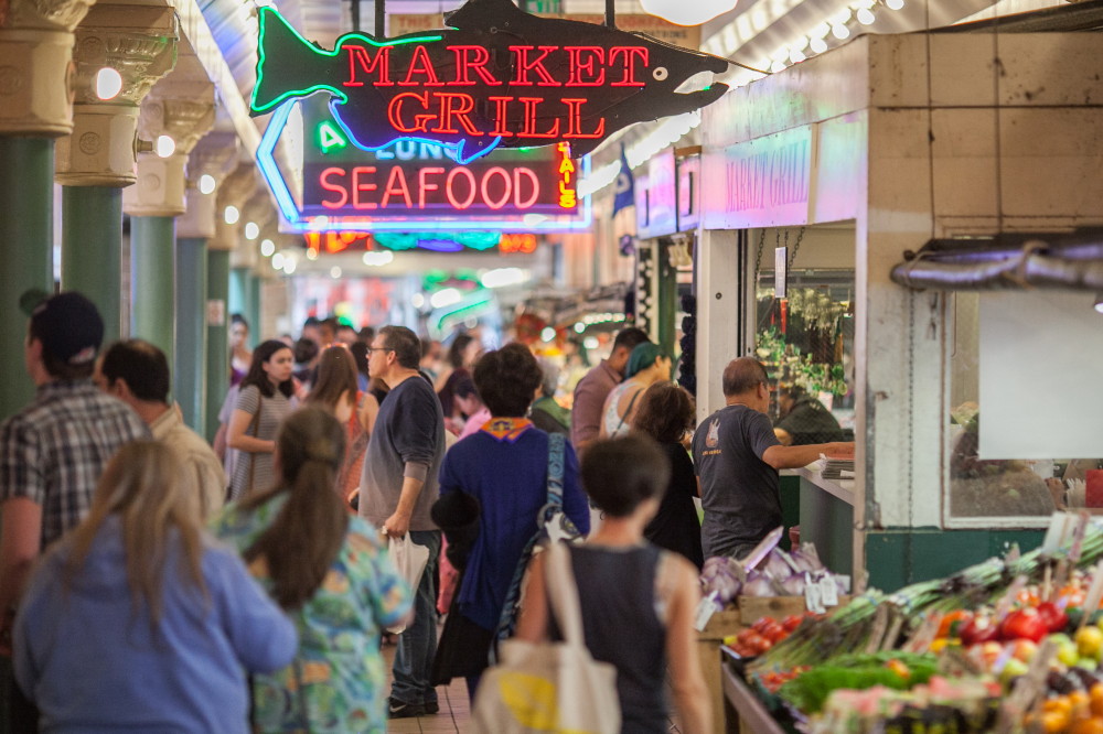 people, crowds, fruit, vegetables, neon signs