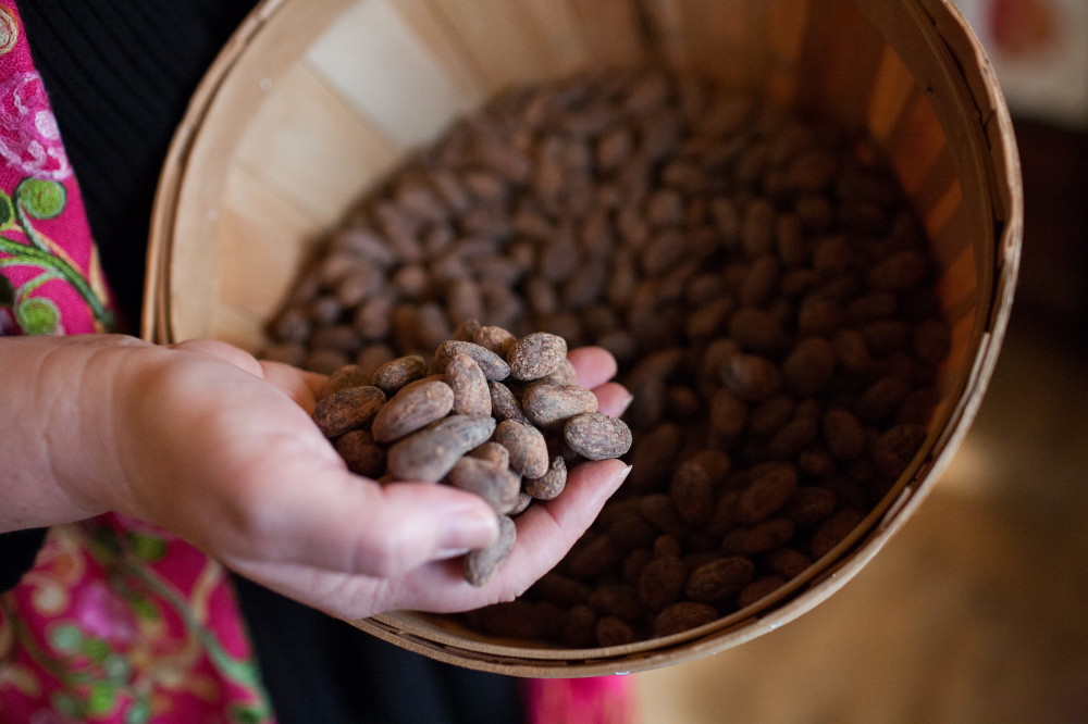 cocao beans, bucket, hand, Pike Place Market